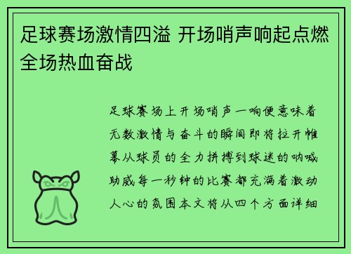 足球赛场激情四溢 开场哨声响起点燃全场热血奋战