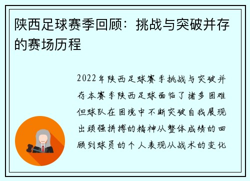 陕西足球赛季回顾：挑战与突破并存的赛场历程
