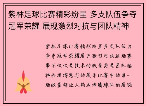 紫林足球比赛精彩纷呈 多支队伍争夺冠军荣耀 展现激烈对抗与团队精神