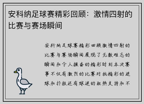 安科纳足球赛精彩回顾：激情四射的比赛与赛场瞬间