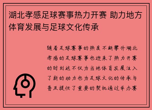 湖北孝感足球赛事热力开赛 助力地方体育发展与足球文化传承