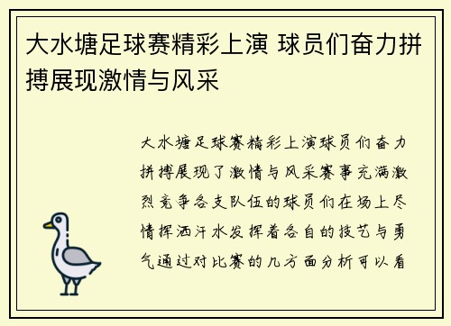 大水塘足球赛精彩上演 球员们奋力拼搏展现激情与风采