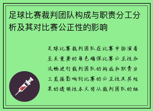 足球比赛裁判团队构成与职责分工分析及其对比赛公正性的影响