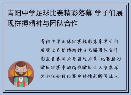 青阳中学足球比赛精彩落幕 学子们展现拼搏精神与团队合作