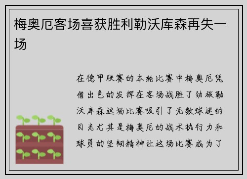 梅奥厄客场喜获胜利勒沃库森再失一场