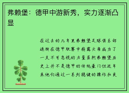 弗赖堡：德甲中游新秀，实力逐渐凸显
