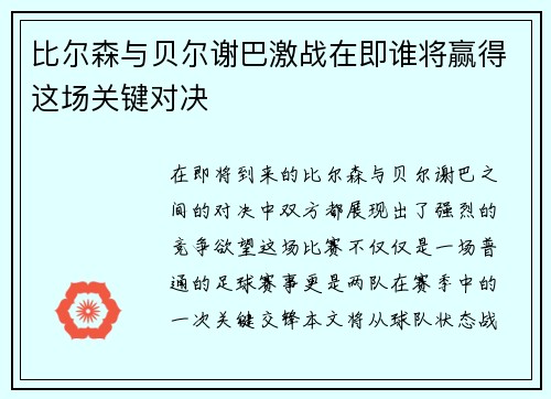 比尔森与贝尔谢巴激战在即谁将赢得这场关键对决