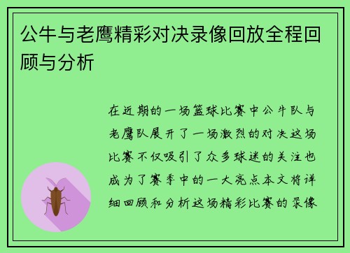 公牛与老鹰精彩对决录像回放全程回顾与分析