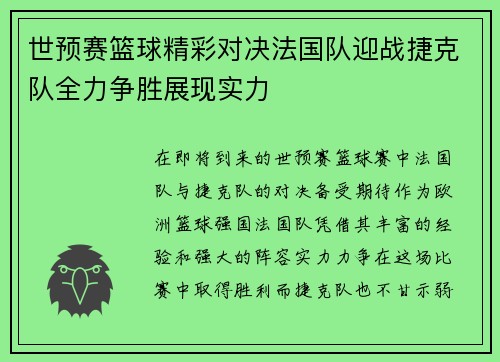 世预赛篮球精彩对决法国队迎战捷克队全力争胜展现实力