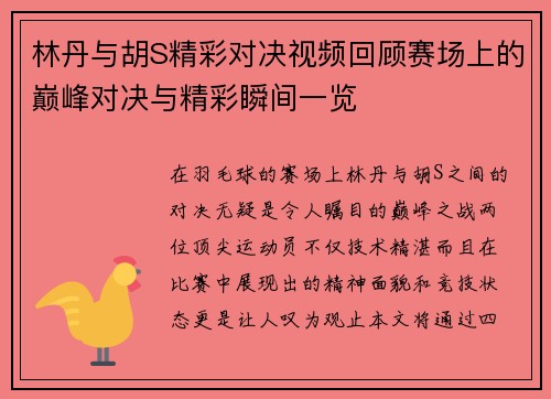 林丹与胡S精彩对决视频回顾赛场上的巅峰对决与精彩瞬间一览