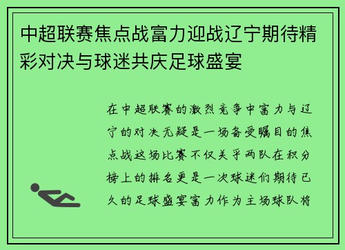 中超联赛焦点战富力迎战辽宁期待精彩对决与球迷共庆足球盛宴