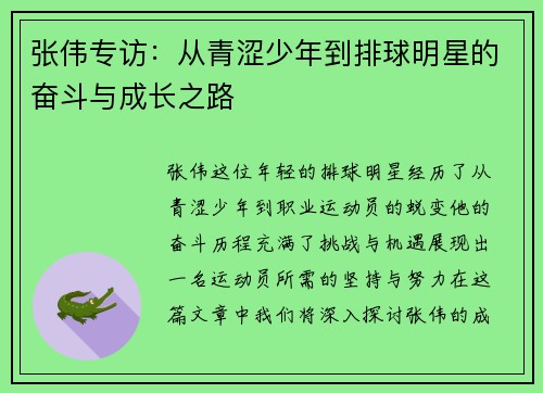张伟专访：从青涩少年到排球明星的奋斗与成长之路