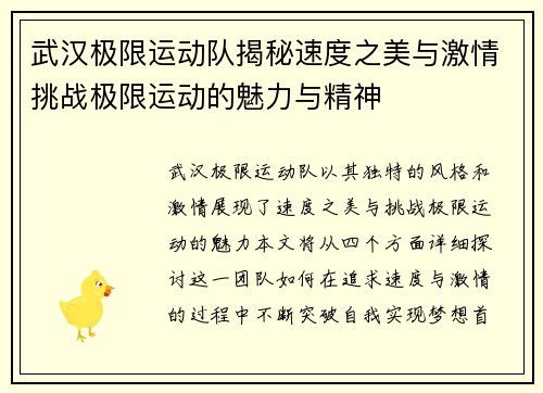 武汉极限运动队揭秘速度之美与激情挑战极限运动的魅力与精神