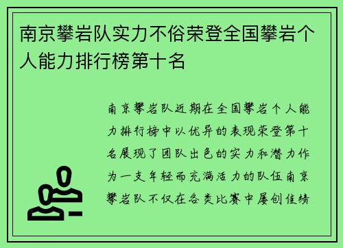 南京攀岩队实力不俗荣登全国攀岩个人能力排行榜第十名