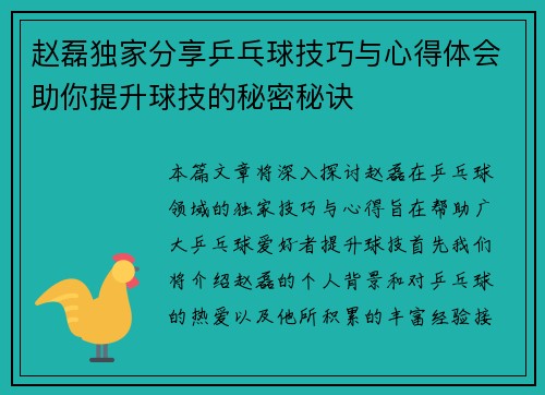 赵磊独家分享乒乓球技巧与心得体会助你提升球技的秘密秘诀
