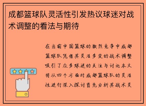 成都篮球队灵活性引发热议球迷对战术调整的看法与期待
