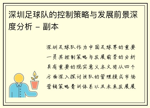 深圳足球队的控制策略与发展前景深度分析 - 副本