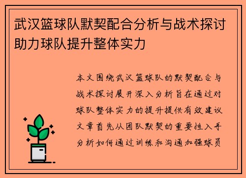 武汉篮球队默契配合分析与战术探讨助力球队提升整体实力